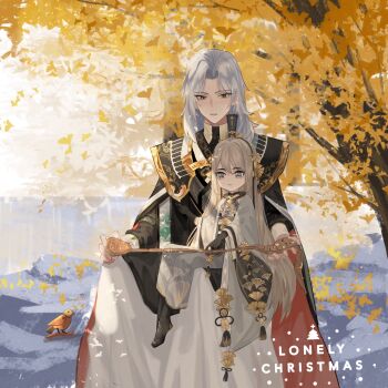 Rule 34 | 2boys, aged down, androgynous, bamboo slips, black boots, black cape, black gloves, black robe, blue eyes, blush, boots, candied ginkgo nut (the tale of food), cape, chinese clothes, chinese commentary, closed mouth, clothes grab, coat, commentary request, commission, curtained hair, dachutaiduoxigaiteng, dappled sunlight, day, eight immortals (the tale of food), english text, falling leaves, ginkgo leaf, gloves, green eyes, grey coat, grey hair, grey robe, hair between eyes, hair ornament, halterneck, hanfu, highres, holding, holding scroll, leaf, leaf hair ornament, long hair, long sleeves, looking at another, male focus, mole, mole under eye, multiple boys, on rock, parted bangs, parted lips, pointing, reading, red cape, robe, scroll, second-party source, shirt, shoulder pads, sitting, sitting on lap, sitting on person, size difference, sunlight, teacher and student, teeth, the tale of food, toy bird, tree, two-sided cape, two-sided fabric, upper teeth only, white hair, white robe, white shirt, xiao guan (headdress)