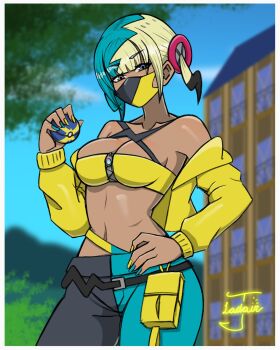 1girl aqua_hair aqua_nails artist_name bandeau blonde_hair blue_eyes blue_sky breasts building canari_(pokemon) cleavage cloud collarbone cowboy_shot cropped_jacket dark-skinned_female dark_skin day hand_on_own_hip highres holding holding_poke_ball jacket jayladair large_breasts looking_at_viewer mask midriff mouth_mask navel nintendo off_shoulder outdoors pants poke_ball pokemon pokemon_legends:_z-a pouch sky solo stomach twintails two-tone_pants yellow_bandeau yellow_jacket yellow_nails