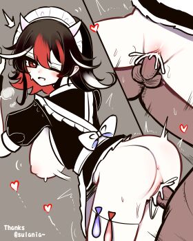 1boy 1girl absurdres alternate_costume anus ass black_dress black_hair blush breasts breasts_out clenched_teeth colored_skin commentary_request condom cone_horns cum cum_in_pussy cum_overflow dress ejaculation enmaided heart hetero highres horns kijin_seija large_breasts looking_at_viewer looking_back maid maid_headdress multicolored_hair multiple_views nipples one_eye_closed penis puffy_short_sleeves puffy_sleeves pussy red_eyes red_hair sex sex_from_behind shen_bi_ren_(user_rjgy2824) short_hair short_sleeves small_horns solo_focus standing standing_sex streaked_hair teeth testicles touhou uncensored used_condom vaginal variant_set white_hair white_horns white_skin