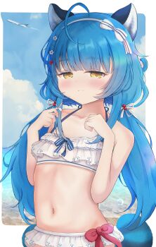 1girl absurdres ahoge aircraft airplane alternate_costume animal_ears bikini blue_hair blue_sky blunt_bangs blush border bow chromashift closed_mouth cloud commentary commission english_commentary flat_chest frilled_bikini frills hair_bow hair_tie hairband highres light_smile long_hair looking_at_viewer low_twintails midriff navel ocean outdoors poko_rakun raccoon_ears raccoon_girl raccoon_tail red_bow second-party_source sky solo striped_tail swimsuit tail teren twintails virtual_youtuber water white_bikini white_border white_bow white_hairband yellow_eyes