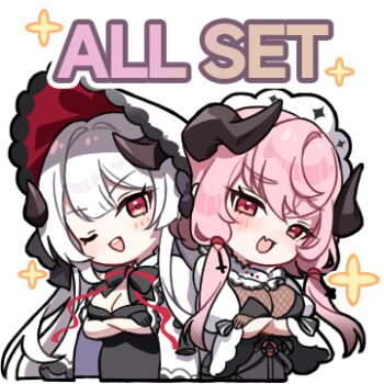 Rule 34 | 2girls, :d, ;d, arms under breasts, bernina (stella sora), black gloves, bonnet, breasts, cape, cleavage, commentary, crossed arms, demon girl, demon horns, english commentary, fang, fishnet gloves, fishnet top, fishnets, gloves, hair intakes, horns, large breasts, long sleeves, looking at viewer, lowres, multiple girls, official art, one eye closed, open mouth, pink hair, red bonnet, red eyes, see-through cleavage, see-through clothes, shrug (clothing), simple background, skin fang, smile, stella sora, transparent background, two-sided bonnet, virigia (stella sora), white cape, white hair, white shrug