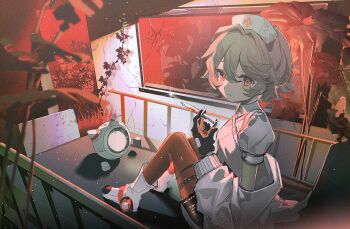 1girl black_shorts boots closed_mouth commentary double-parted_bangs full_body grey_hair hair_between_eyes hat highres holding holding_syringe knees_up nurse_cap nurse_robot_type_t orange_pantyhose pantyhose pantyhose_under_shorts plant red_eyes shirt short_hair short_sleeves shorts sitting solo symbol-only_commentary syringe utau white_boots white_hat white_shirt yur1ca