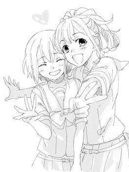 1girl 2girls bow braid chest_bow chuo_tanegashima_high_school_uniform commentary_request cropped_shirt daitoku_junna greyscale half_up_braid ikuhashi_muiko long_hair looking_at_viewer monochrome multiple_girls open_mouth pleated_skirt robotics;notes sailor_collar school_uniform science_adventure senomiya_akiho shirt short_sleeves skirt smile v white_sailor_collar