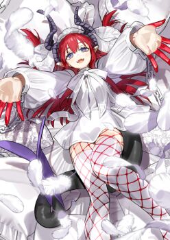 1girl :d asymmetrical_horns black_tail dragon_horns dragon_tail dress elizabeth_bathory_(fate) elizabeth_of_the_end_(fate) fangs fate/grand_order fate_(series) feathers feet_out_of_frame fishnets_over_socks game_cg horns long_hair long_sleeves looking_at_viewer lying official_art on_back open_mouth outstretched_arms pillow pointy_ears purple_eyes purple_horns red_hair red_nails ribbon short_dress smile solo tail thighhighs third-party_source uneven_horns veil wada_arco white_background white_dress white_ribbon white_thighhighs white_veil