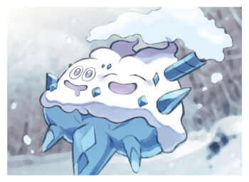 Rule 34 | ^ ^, blue gemstone, blue sclera, blurry, blurry background, blush, border, closed eyes, colored sclera, drooling, floating, frost, gem, gen 5 pokemon, happy, highres, mouth drool, multiple heads, nintendo, no humans, open mouth, pokemon, pokemon (creature), purple eyes, smile, solo, souji touban, two heads, vanilluxe, white border