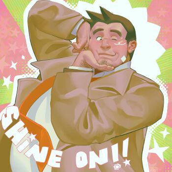 1boy absurdres ace_attorney arm_hair bara brown_jacket closed_mouth commentary dick_gumshoe english_commentary english_text facial_hair goatee_stubble highres jacket jewelry kukustar_(kukuu) long_hair long_sleeves looking_at_viewer male_focus mature_male necktie one_eye_closed orange_necktie ring shirt short_hair solo stubble upper_body white_shirt