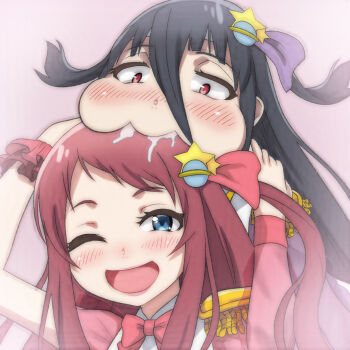 2girls asymmetrical_sleeves biting biting_another&#039;s_head black_hair blue_eyes blush bow bowtie dress drooling epaulettes hair_ornament hair_ribbon highres idol long_hair long_sleeves looking_at_another looking_at_viewer minamoto_sakura mismatched_sleeves multiple_girls one_eye_closed open_mouth pink_background pink_dress planet_hair_ornament ponytail purple_dress purple_ribbon red_bow red_bowtie red_eyes red_hair red_ribbon ribbon shirt short_sleeves side_ponytail smile star_(symbol) star_hair_ornament t_jiroo_(ringofriend) upper_body white_shirt wink wristband yamada_tae zombie_land_saga