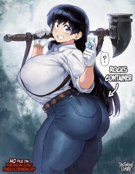 1girl ? arato_nagi ass black_eyes black_hair breasts english_text female_focus hammer holding holding_hammer holding_weapon huge_ass huge_breasts long_hair looking_at_viewer ruri_no_houseki smile solo solo_focus speech_bubble the_golden_smurf weapon