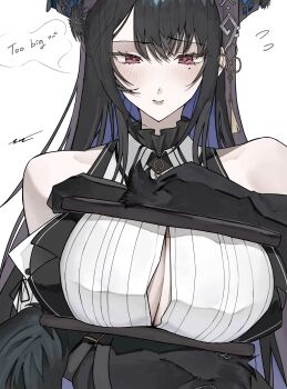 1girl absurdres asymmetrical_horns bare_shoulders black_hair blue_hair blush breasts cleavage clothing_cutout colored_inner_hair crystal_horns demon_horns ewn feather-trimmed_jacket flower gloves hair_ornament highres hololive hololive_english horn_flower horns large_breasts long_hair looking_at_viewer meme mole mole_under_eye multicolored_hair nerissa_ravencroft nerissa_ravencroft_(1st_costume) oreo red_eyes ribbed_shirt shioreos_(meme) shirt shoulder_cutout simple_background solo tassel tassel_hair_ornament two-tone_hair uneven_horns very_long_hair virtual_youtuber white_background