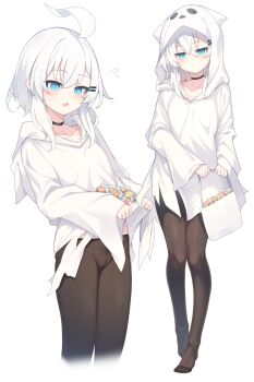 1girl blue_eyes hair_ornament hairclip highres hood multiple_views original otokuyou pantyhose ringo-chan_(otokuyou) simple_background white_background white_hair