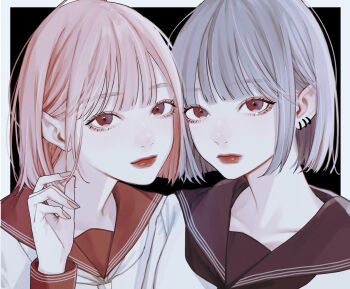 2girls absurdres black_background black_neckerchief blue_hair blue_sailor_collar border closed_mouth commentary_request earclip eyelashes fingernails hand_in_own_hair hand_up highres lips long_fingernails looking_at_viewer multiple_girls neckerchief original outside_border pink_hair red_eyes red_lips red_sailor_collar sailor_collar school_uniform serafuku short_hair siblings side-by-side sisters smile twins upper_body white_border white_neckerchief yu.ta.