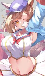 Rule 34 | 1girl, absurdres, alternate costume, animal ears, arm up, armpits, blush, breasts, cheerleader, clenched teeth, collarbone, commentary request, grey background, hat, highres, horse girl, jacket, looking at viewer, matikane tannhauser (umamusume), medium breasts, midriff, navel, one eye closed, p41nt jam, pom pom (cheerleading), simple background, solo, sweat, teeth, umamusume, yellow eyes