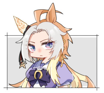 1girl ahoge animal_ears beer_hsk blonde_hair bow brown_hair closed_mouth cropped_torso forehead grey_hair horse_ears long_hair looking_at_viewer multicolored_hair orfevre_(umamusume) parted_bangs puffy_short_sleeves puffy_sleeves purple_bow purple_eyes purple_shirt school_uniform shirt short_sleeves solo tracen_school_uniform two-tone_hair umamusume upper_body very_long_hair