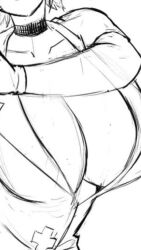 adjusting_clothes adjusting_gloves animated breasts chloeangelva eyepatch gloves hat highres huge_breasts latex latex_gloves lineart mask mouth_mask nurse nurse_cap skullgirls sound surgical_mask tagme valentine_(skullgirls) video vkid