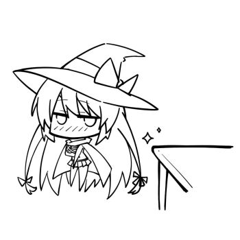 Rule 34 | 1girl, arm under breasts, ayachi nene, blush, bow, cape, chibi, chibi only, chinese commentary, commentary request, full body, fuyou lev, hair between eyes, hair bow, hat, hat bow, jitome, long hair, looking at object, miniskirt, monochrome, no mouth, nose blush, pleated skirt, sanoba witch, sidelocks, simple background, skirt, solo, sparkle, standing, table, very long hair, white background, witch, witch hat
