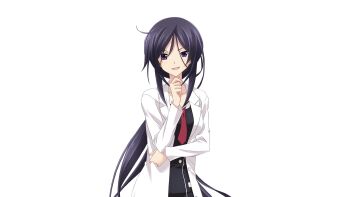 Rule 34 | 1girl, black dress, breasts, chaos;child, collarbone, dress, game cg, hand on own chin, hekiho academy school uniform, highres, kunosato mio, lab coat, long hair, long sidelocks, looking at viewer, matsuo yukihiro, medium breasts, necktie, non-web source, official art, open mouth, ponytail, purple eyes, purple hair, red necktie, sailor collar, school uniform, science adventure, short necktie, sidelocks, smile, smug, solo, sprite, transparent background, very long hair, white sailor collar
