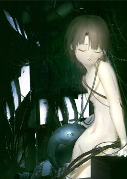 1girl absurdres breasts brown_hair cable cancer.b0ss closed_eyes closed_mouth commentary hair_ornament highres indoors iwakura_lain long_hair nervegear serial_experiments_lain small_breasts solo wire x_hair_ornament