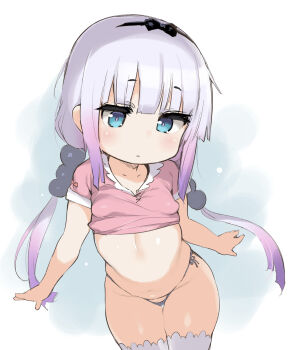 10s 1girl atte_nanakusa black_panties blue_eyes blunt_bangs breasts clothes_lift covered_erect_nipples cowboy_shot expressionless female_focus foreshortening hair_ornament hair_ribbon highres kanna_kamui kobayashi-san_chi_no_maidragon leaning_forward light_purple_hair loli long_hair low_twintails md5_mismatch micro_panties navel no_pants panties resolution_mismatch ribbon shirt_lift side-tie_panties simple_background small_breasts solo source_larger sphere_hair_ornament string_panties thigh_gap thighhighs thighs twintails underwear white_thighhighs