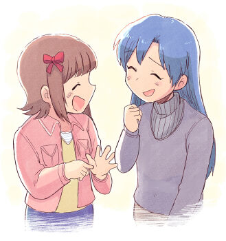 Rule 34 | 2girls, amami haruka, blue hair, bow, brown hair, closed eyes, commentary request, cropped torso, facing another, grey sweater, hair bow, idolmaster, idolmaster (classic), jacket, kisaragi chihaya, long hair, long sleeves, multiple girls, open mouth, pink jacket, red bow, short hair, smile, sweater, tsubobot