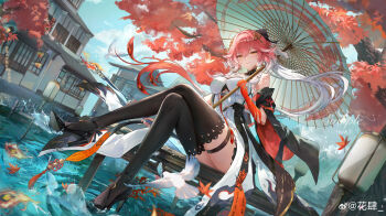 1girl absurdres ahoge architecture artist_name bird black_shoes black_thighhighs body_markings braid branch breasts changli_(wuthering_waves) chinese_commentary closed_mouth colored_extremities commentary_request crossed_legs day dutch_angle east_asian_architecture hair_between_eyes hair_extensions hair_ornament high_heels highres holding holding_umbrella hua_si leaf looking_at_viewer maple_leaf maple_tree medium_breasts multicolored_hair oil-paper_umbrella outdoors pink_hair red_hands red_leaf ring_hair_extensions sample_watermark shoes sitting solo tacet_mark_(wuthering_waves) tassel thigh_strap thighhighs tree twin_braids two-tone_hair umbrella water watermark weibo_watermark white_bird white_hair wuthering_waves yellow_eyes