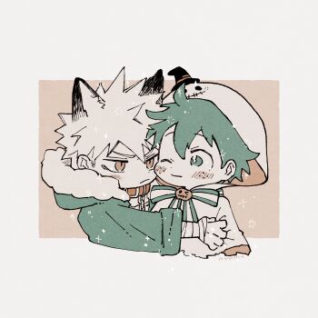 2boys animal_ears bakugou_katsuki bandaged_arm bandages belt_buckle belt_collar blonde_hair blush boku_no_hero_academia bow buckle closed_mouth collar commentary cropped_torso freckles frown fur-trimmed_hood fur_trim ghost_costume gogo00ne green_hair green_jacket hair_between_eyes halloween_costume hat highres hood hood_down hood_up hug jacket kemonomimi_mode looking_to_the_side male_focus midoriya_izuku mini_hat mini_witch_hat multiple_boys one_eye_closed red_collar red_eyes short_hair sideways_glance smile spiked_hair symbol-only_commentary witch_hat wolf_ears