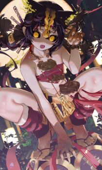 1girl absurdres animal_ears arm_between_legs arm_support arm_up bandeau bare_arms bare_shoulders barefoot bell black_hair black_sclera blonde_hair bracelet braid cat_ears cat_tail collarbone colored_sclera commentary_request fang fellow_moon fingernails flat_chest full_moon gold_necklace hair_ornament hair_stick hand_on_ground hashtag-only_commentary highres huge_moon jewelry jiangshi jingle_bell kyahan lantern leg_warmers long_hair looking_at_viewer moon multi-tied_hair multicolored_hair navel necklace night ofuda open_mouth outdoors paw_pose red_bandeau red_leg_warmers shaded_face sharp_fingernails sharp_toenails solo songchuan_li squatting stomach tail tiptoes toenails twin_braids two-tone_hair wrist_belt xing_shen yellow_eyes