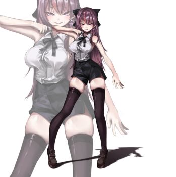 1girl absurdres bare_shoulders black_bow black_choker black_ribbon black_shorts black_thighhighs bow breasts brown_thighhighs choker collared_shirt commentary contrapposto cosplay dotdrawdotd earrings full_body hair_bow heart heart_earrings highres isegye_idol jewelry jururu korean_commentary large_breasts long_hair looking_at_viewer medium_breasts multicolored_hair neck_ribbon purple_eyes purple_hair red_hair reze_(chainsaw_man) reze_(chainsaw_man)_(cosplay) ribbon shadow shirt shirt_tucked_in shoes shorts simple_background skindentation sleeveless sleeveless_shirt smile smirk solo standing streaked_hair thighhighs thighs very_long_hair virtual_youtuber waktaverse white_background white_shirt wing_collar zoom_layer