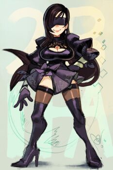 1girl 2b_(nier:automata) 2b_(nier:automata)_(cosplay) alex_ahad black_dress black_gloves black_thighhighs blindfold boots cleavage_cutout clothing_cutout company_connection cosplay dress feather-trimmed_sleeves final_fantasy final_fantasy_vii final_fantasy_vii:_ever_crisis full_body gloves hand_on_own_hip high_heel_boots high_heels highres nier:automata nier_(series) official_alternate_costume smile solo thigh_boots thighhighs tifa_lockhart