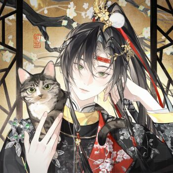1boy animal animal_on_shoulder black_hair branch cat cat_on_shoulder chinese_clothes closed_mouth eyelashes fingernails flower green_eyes guodong_buguoqiu hair_ornament head_rest headband high_ponytail highres indoors lips long_hair long_sleeves looking_at_viewer male_focus mandarin_collar mole mole_on_nose original parted_bangs ponytail red_headband red_ribbon ribbon solo square white_flower