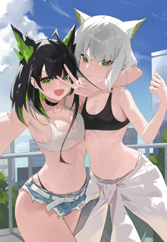 2girls :d absurdres ahoge animal_ear_fluff animal_ears arknights arm_around_shoulder bare_arms belt black_choker black_hair black_panties black_sports_bra blue_sky blush breasts cat_ears cat_girl choker cleavage closed_mouth clothes_around_waist cloud collarbone colored_inner_hair commentary_request cowboy_shot crystal_horns cutoffs day denim denim_shorts fang green_eyes green_hair green_pants hand_up highleg highleg_panties highres huge_ahoge jacket jacket_around_waist kal&#039;tsit_(arknights) looking_at_viewer medium_breasts medium_hair micro_shorts mon3tr_(arknights) multicolored_hair multiple_girls navel open_mouth outdoors panties pants railing reaching reaching_towards_viewer selfie short_hair shorts sidelocks skin_fang sky small_breasts smile sports_bra standing stomach streaked_hair thighs tree underwear v white_belt white_hair white_jacket white_sports_bra yorei_8338
