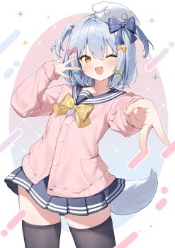 1boy ;d absurdres black_thighhighs blue_bow blue_hair blue_sailor_collar blue_skirt blush border bow bowtie buttons cardigan commentary commission cowboy_shot dog_boy dog_tail fang gradient_background green_bow hair_bow hand_up highres inuyama_tamaki inuyayo long_sleeves looking_at_viewer male_focus miniskirt noripro one_eye_closed open_mouth outside_border outstretched_arm pink_cardigan pleated_skirt red_bow round_border sailor_collar school_uniform serafuku short_hair skeb_commission skin_fang skirt smile solo sparkle striped_bow tail thighhighs trap two_side_up v virtual_youtuber w white_border yellow_bow yellow_bowtie yellow_eyes zettai_ryouiki