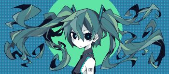 1girl akableak armpit_crease bare_shoulders black_eyes blank_stare breasts floating_hair from_side grey_shirt hair_between_eyes hatsune_miku highres looking_at_viewer non-web_source number_tattoo shirt sideboob sleeveless solo tagme tattoo twintails vocaloid