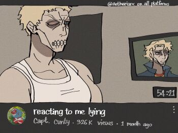 1boy aetheria blonde_hair blue_eyes blue_jumpsuit curly_(mouthwashing) disfigured facial_hair fake_screenshot fake_video highres jumpsuit mouthwashing muscular no_lips orange_shirt shirt solo stubble user_interface vest watermark white_vest