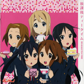 00s 5girls akiyama_mio album_cover black_eyes black_hair blonde_hair blue_eyes blunt_bangs blush brown_eyes brown_hair cake cover cup eyebrows food fruit hair_ornament hairband hairclip highres hime_cut hirasawa_yui ho-kago_tea_time k-on! kotobuki_tsumugi long_hair multiple_girls nakano_azusa official_art open_mouth pastry reference_work round_teeth scan school_uniform short_hair skirt smile strawberry tainaka_ritsu tea teacup teapot teeth twintails
