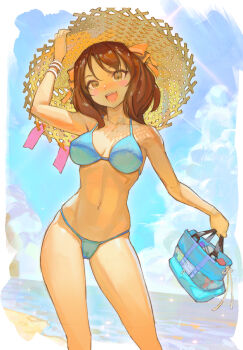 1girl :d bag bikini blue_bikini breasts brown_eyes brown_hair hair_ribbon hat holding holding_bag medium_breasts medium_hair navel open_mouth ribbon smile solo standing stomach straw_hat sun_hat suzumiya_haruhi suzumiya_haruhi_no_yuuutsu swimsuit thighs yellow_ribbon yugen99