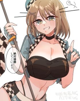 1girl bandeau black_bandeau blue_eyes blush breasts brown_hair checkered_flag cropped_jacket flag gloves hair_ornament hat headgear highres holding holding_flag kantai_collection large_breasts looking_at_viewer matsunaga_(haku) maya_(kancolle) maya_kai_ni_(kancolle) race_queen short_hair shorts smile speech_bubble twitter_username upper_body white_background x_hair_ornament