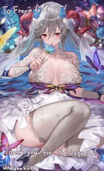 1girl absurdres bare_arms bare_shoulders black_shoes blue_hair breasts breasts_apart bridal_veil bride bug butterfly collarbone colored_inner_hair commentary commission dress english_commentary english_text fire_emblem fire_emblem_heroes floral_print flower freyja_(fire_emblem) gloves goat_horns gradient_hair grey_hair grey_thighhighs hair_between_eyes hair_flower hair_ornament haru_(nakajou-28) high_heels highres holding holding_flower horns impossible_clothes impossible_dress insect large_breasts light_blush long_hair looking_at_viewer multicolored_hair nintendo red_eyes red_horns second-party_source shoes sidelocks skeb_commission thick_thighs thighhighs thighs twitter_username veil very_long_hair wedding_dress white_dress