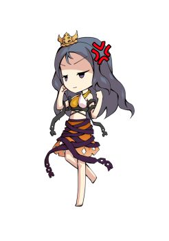 1girl anger_vein bare_shoulders barefoot black_ribbon blue_hair breasts chibi chibi_only chirizuka_ubame clenched_hands closed_mouth commentary_request crop_top dairi full_body hands_up large_variant_set long_hair medium_breasts orange_skirt purple_ribbon ribbon ribbon_around_body simple_background skirt solo standing standing_on_one_leg stomach tachi-e tank_top tiara touhou transparent_background variant_set