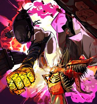 1boy 1girl absurdres alternate_form apron black_apron black_gloves blood bomb_devil_(chainsaw_man) chainsaw_man clenched_hand denji_(chainsaw_man) dynamite elbow_gloves explosion explosive gloves highres object_head open_mouth punching sharp_teeth slim_(sl1m_skull) teeth tongue tongue_out