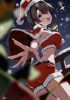1girl absurdres alternate_costume blue_eyes breasts brown_hair fur-trimmed_shorts fur-trimmed_tube_top fur_trim highres hololive kuno_(kc9s) large_breasts oozora_subaru open_mouth red_shorts red_tube_top santa_costume short_hair shorts sky solo star_(sky) starry_sky strapless tube_top virtual_youtuber