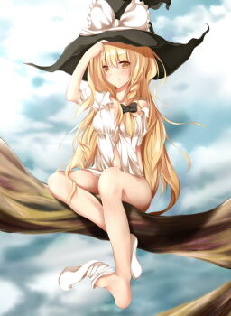 1girl bad_id bad_pixiv_id blonde_hair blue_sky blush bottomless bow braid breasts cloud day feet female_focus hair_ribbon hat hat_bow in_tree kirisame_marisa long_hair looking_at_viewer medium_breasts naked_shirt navel no_shoes open_clothes open_shirt ribbon shirt single_braid sitting sitting_in_tree sky smile sock_dangle solo touhou tree very_long_hair witch_hat yellow_eyes youko_(930921)