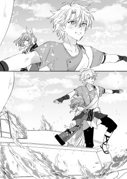 1boy 1girl boat cloud coat cyrene_(aedes_elysiae)_(honkai:_star_rail) cyrene_(honkai:_star_rail) fingerless_gloves gloves greyscale highres honkai:_star_rail honkai_(series) hug kk_(kkgame7733) monochrome outdoors pants phainon_(honkai:_star_rail) sandals shirt short_hair sky smile standing t-pose titanic_(movie) water watercraft