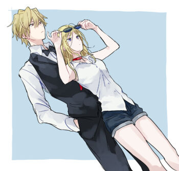 1boy 1girl black_bow black_bowtie black_pants black_vest blonde_hair blue_background bow bowtie brown_eyes choker denim denim_shorts durarara!! eyewear_on_head glasses hand_in_pocket heiwajima_shizuo hetero implied_hetero long_hair medium_hair pants purple_eyes red_choker shirt short_hair short_shorts shorts simple_background sleeveless sunglasses urahara vest vorona white_shirt
