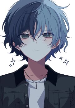 1boy aoyagi_touya blue_hair buttons closed_mouth collared_shirt commentary earrings hair_between_eyes highres jewelry looking_at_viewer male_focus miyotastic mole mole_under_eye multicolored_hair necklace official_alternate_costume official_alternate_hairstyle project_sekai shirt short_hair simple_background solo sparkle split-color_hair split_mouth two-tone_hair upper_body white_background white_shirt zozotown