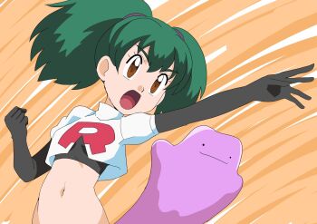 1girl black_gloves brown_eyes cosplay crop_top cropped_jacket ditto duplica_(pokemon) elbow_gloves gen_1_pokemon gloves green_hair hainchu highres jacket jessie_(pokemon) jessie_(pokemon)_(cosplay) midriff navel nintendo open_mouth pokemon pokemon_(anime) pokemon_(classic_anime) team_rocket team_rocket_uniform tongue twintails white_jacket