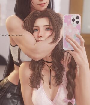 2girls aerith_gainsborough artist_name biceps black_hair black_skirt braid breasts breasts_apart brown_hair cellphone cleavage commentary crop_top curly_hair dress eyes_out_of_frame final_fantasy final_fantasy_vii green_eyes head_out_of_frame highres holding holding_phone long_hair low_neckline multiple_girls muscular muscular_female paid_reward_available parted_bangs phone pink_dress ria_(baka-neearts) shirt skirt smartphone suspender_skirt suspenders symbol-only_commentary tifa_lockhart very_long_hair white_shirt