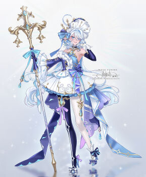 1girl ahoge alternate_costume asymmetrical_gloves asymmetrical_legwear bare_shoulders black_gloves blue_bow blue_dress blue_eyes blue_hair blue_pantyhose blue_pupils blue_sky bow breasts commentary detached_sleeves dress drop-shaped_pupils english_commentary english_text facial_mark footwear_bow full_body furina_(genshin_impact) genshin_impact gloves hand_up hat hetero high_heels highres holding holding_staff light_blue_hair lips long_hair long_sleeves looking_at_viewer medium_breasts mismatched_gloves mismatched_legwear multicolored_dress multicolored_hair pantyhose parted_lips princess_ailish reflection signature sky sleeveless sleeveless_dress smile solo staff star_(symbol) star_facial_mark streaked_hair symbol-shaped_pupils teardrop_facial_mark teeth typo very_long_hair white_bow white_dress white_footwear white_gloves white_hair white_hat white_pantyhose