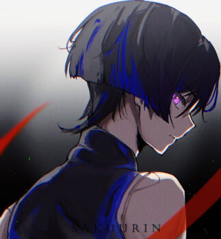 1boy artist_name black_bodysuit black_hair blue_hair blunt_ends bodysuit clip_studio_paint_(medium) closed_mouth doll_joints expressionless from_behind genshin_impact glowing glowing_eyes joints looking_at_viewer looking_back male_focus multicolored_hair pink_eyes sakuurin scaramouche_(genshin_impact) solo streaked_hair turtleneck turtleneck_bodysuit
