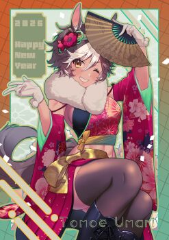 1girl abs absurdres alternate_costume animal_ears brown_eyes brown_fur brown_hair brown_thighhighs commentary commission detached_sleeves dress english_commentary folding_fan gloves hair_between_eyes hand_fan highres holding holding_fan horse_ears horse_girl horse_tail indie_virtual_youtuber kamoi3ka5 long_sleeves looking_at_viewer midriff multicolored_hair navel one_eye_closed red_dress scarf second-party_source short_hair skeb_commission smile solo tail teeth thighhighs tomoe_umari virtual_youtuber white_background white_gloves white_scarf