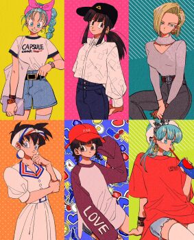 6+girls :d alternate_costume android_18 arm_at_side arm_support arm_under_breasts arms_behind_back bag baseball_cap belt black_belt black_eyes black_hair black_headwear blonde_hair blue_background blue_eyes blue_hair blue_nails blunt_bangs blush bra_(dragon_ball) bracelet braid bulma buttons capsule_corp casual chi-chi_(dragon_ball) clothes_writing collarbone collared_shirt commentary contemporary cowboy_shot cup denim denim_shorts disposable_cup dragon_ball dragon_ball_(classic) dragon_ball_gt dragonball_z dress drinking drinking_straw earrings english_commentary expressionless eyelashes fashion fingernails flat_chest grey_legwear hair_between_eyes hairband half-closed_eyes hand_on_own_chin hands_on_lap happy hat holding hoop_earrings image_sample jeans jewelry kararai_raika long_sleeves looking_at_viewer looking_away multiple_girls nail_polish open_mouth orange_background orange_nails oversized_clothes pan_(dragon_ball) pants pink_background pink_hairband polka_dot polka_dot_background polka_dot_hairband ponytail puffy_short_sleeves puffy_sleeves red_headwear shaded_face shadow shirt shirt_tucked_in short_hair short_shorts short_sleeves shorts sidelocks signature simple_background single_thighhigh sitting sleeves_past_wrists smile square standing striped_background thighhighs twin_braids twitter_sample v-shaped_eyebrows v_arms very_short_hair videl white_dress white_hairband white_legwear white_shirt yellow_background